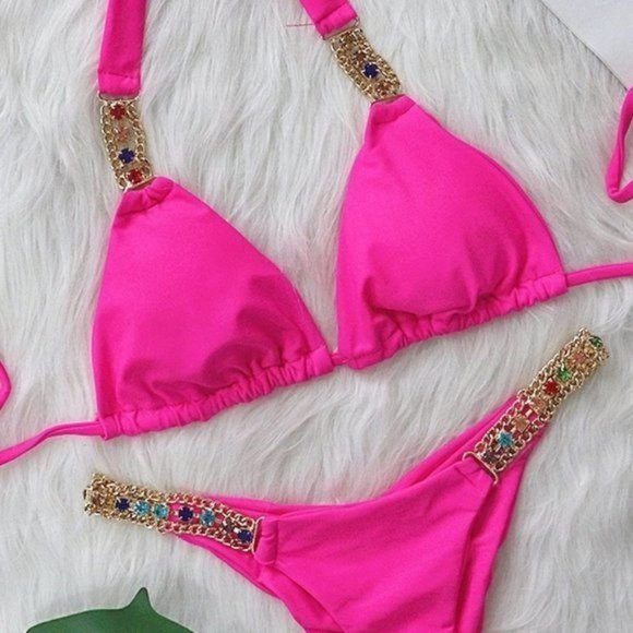 Callie Lives Other - Callie Bling: Multi-colored Crystal Rhinestone Hot Pink Triangle Bikini